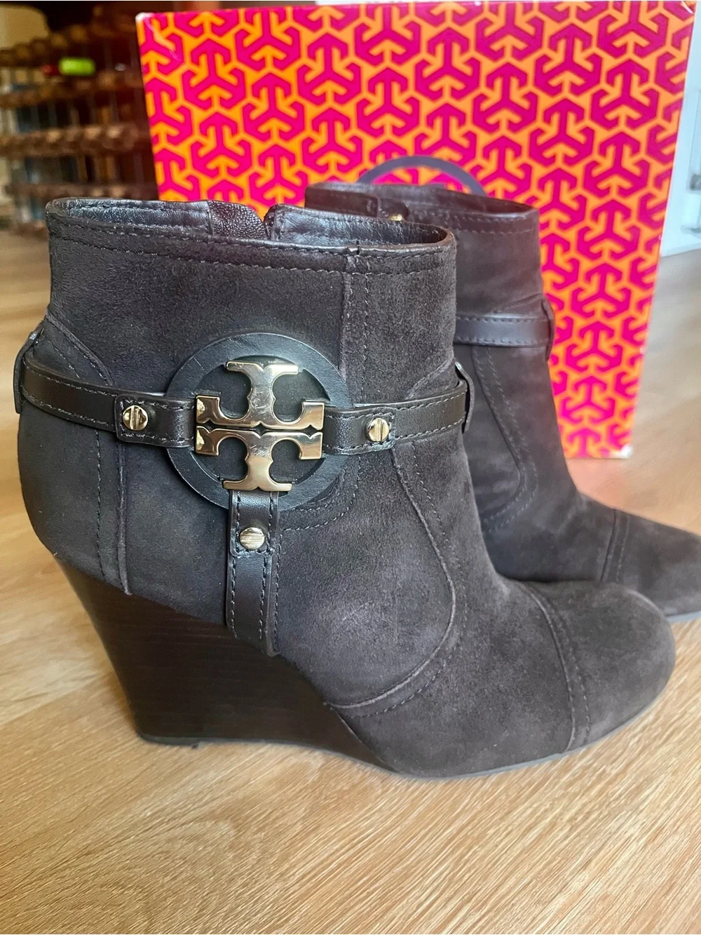 Tory Burch Dark Brown Suede Wedge Ankle Boots with Gold Logo